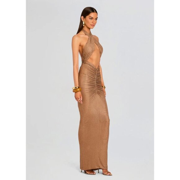 retrofete Oakley Mesh Embellished Gown Dress Sepia Womens Size Medium - Picture 12 of 12